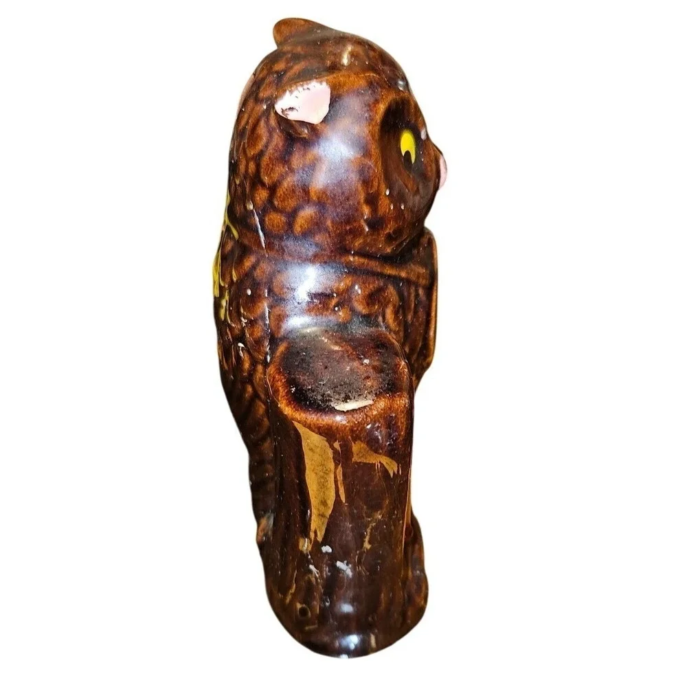 Vintage Bank Ceramic Owl Coin Brown With Thermometer 